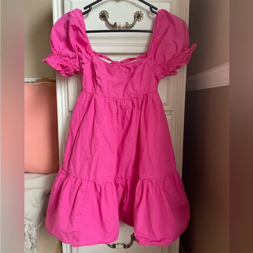 SHEIN Hot Pink Puff Sleeve Tiered Dress